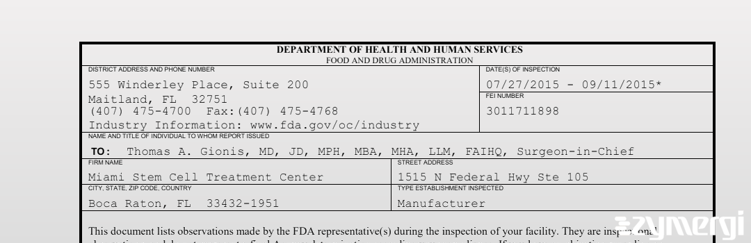 FDANews 483 Miami Stem Cell Treatment Center Sep 11 2015 top