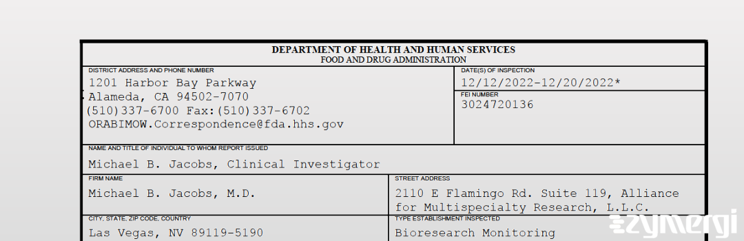 FDANews 483 Michael B. Jacobs, M.D. Dec 20 2022 top