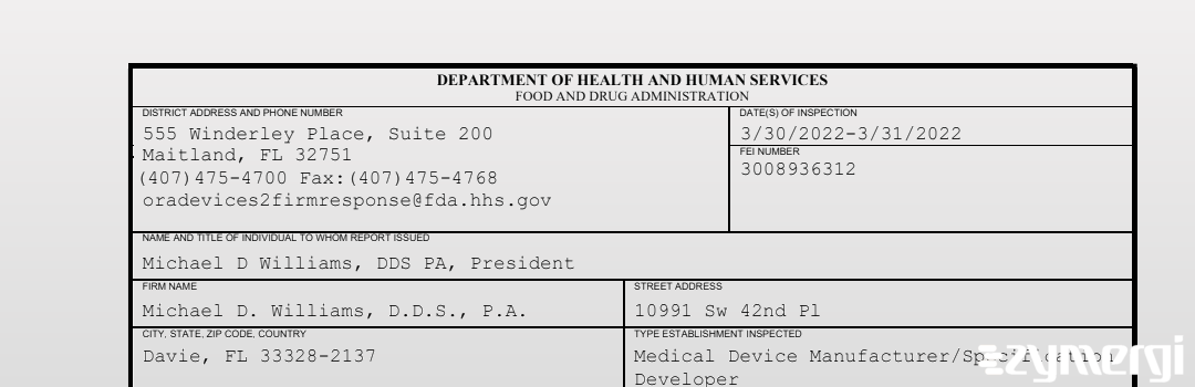 FDANews 483 Michael D. Williams, D.D.S., P.A. Mar 31 2022 top