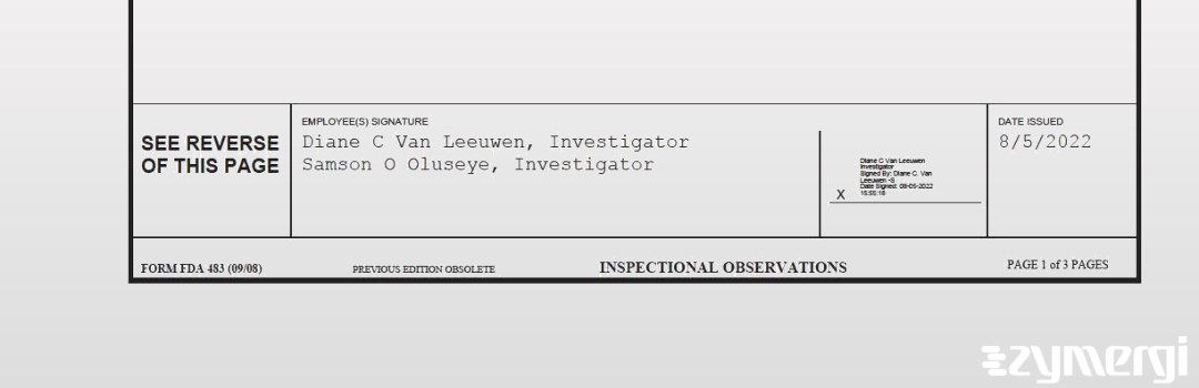 Diane C. Van Leeuwen FDA Investigator Samson O. Oluseye FDA Investigator Van Leeuwen, Diane C FDA Investigator 