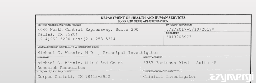 FDANews 483 Michael G. Winnie, M.D./ 3rd Coast Research Associates May 10 2017 top