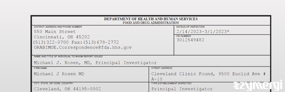 FDANews 483 Michael J Rosen MD Mar 1 2023 top