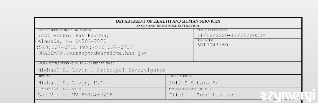 FDANews 483 Michael L. Levin, M.D. Nov 25 2020 top