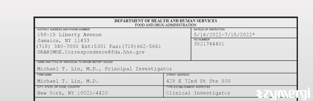 FDANews 483 Michael T. Lin, M.D. Jul 15 2022 top