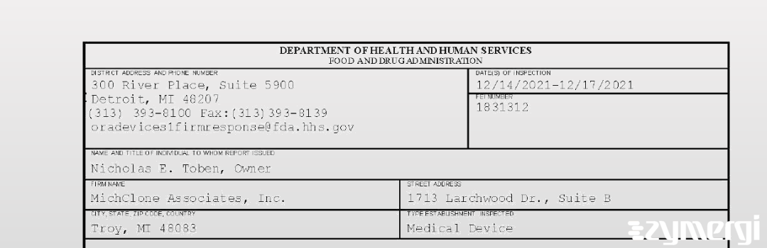 FDANews 483 MichClone Associates, Inc. Dec 17 2021 top