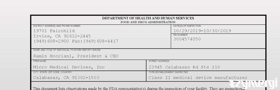 FDANews 483 Micro Medical Devices, Inc Oct 30 2019 top