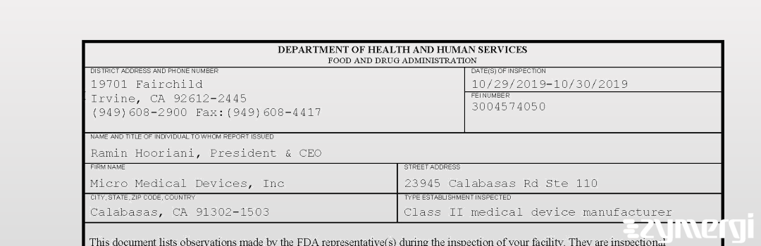 FDANews 483 Micro Medical Devices, Inc Oct 30 2019 top