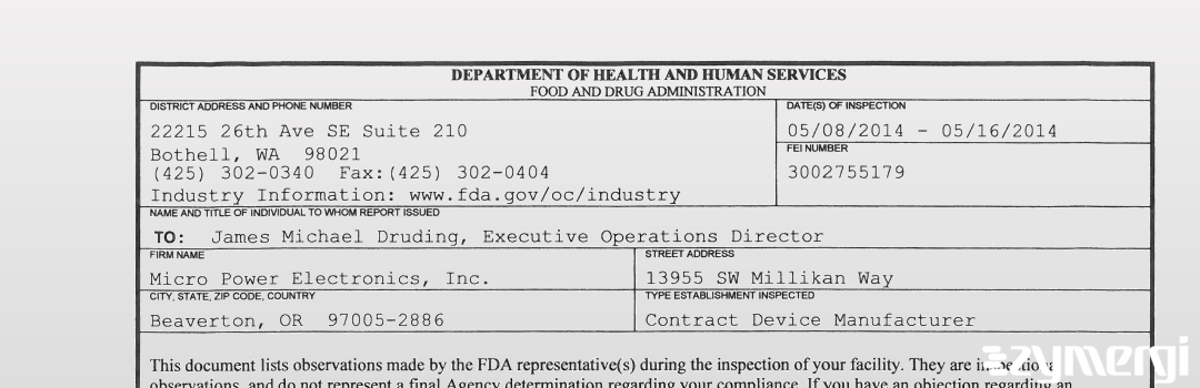FDANews 483 Micro Power Electronics, Inc. May 16 2014 top