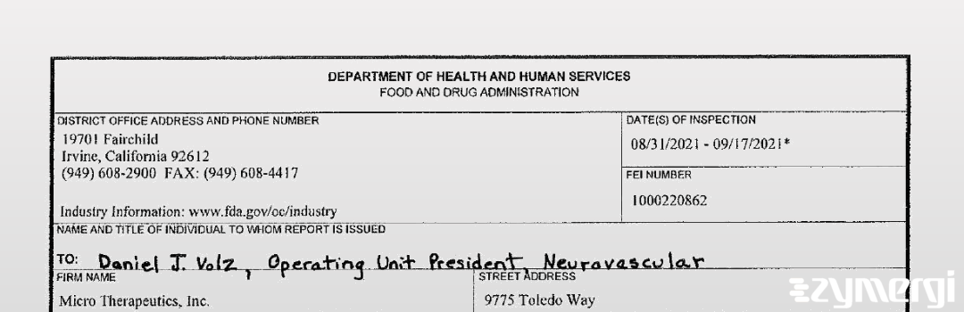 FDANews 483 Micro Therapeutics,  Inc. Sep 17 2021 top