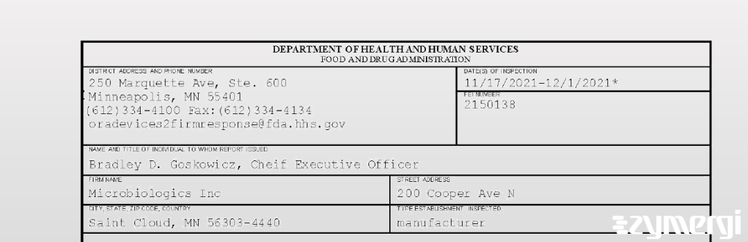 FDANews 483 Microbiologics Inc Dec 1 2021 top