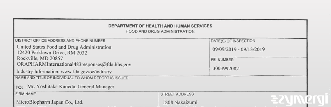 FDANews 483 MicroBiopharm Japan Co., Ltd. Sep 13 2019 top