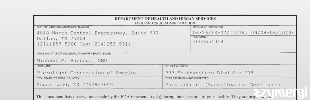 FDANews 483 Microlight Corporation of America Sep 6 2018 top