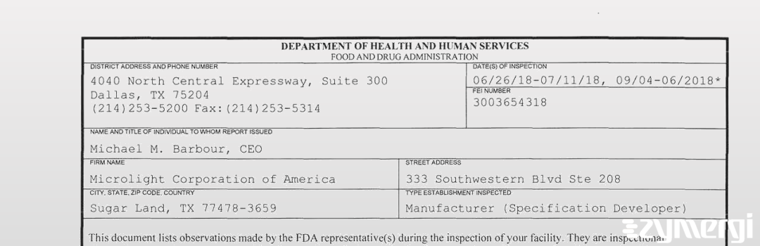 FDANews 483 Microlight Corporation of America Sep 6 2018 top