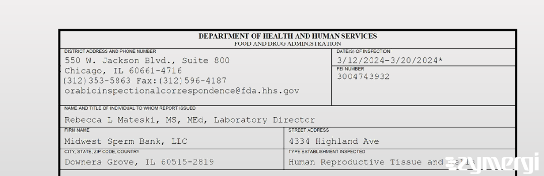 FDANews 483 Midwest Sperm Bank, LLC Mar 20 2024 top