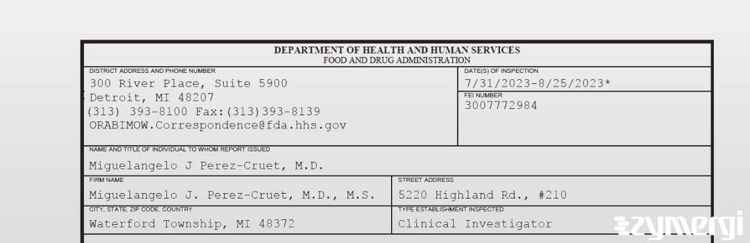 FDANews 483 Miguelangelo J. Perez-Cruet, M.D., M.S. Aug 25 2023 top