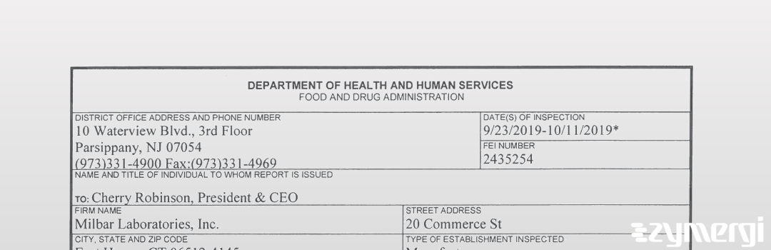 FDANews 483 Milbar Laboratories, Inc. Oct 11 2019 top