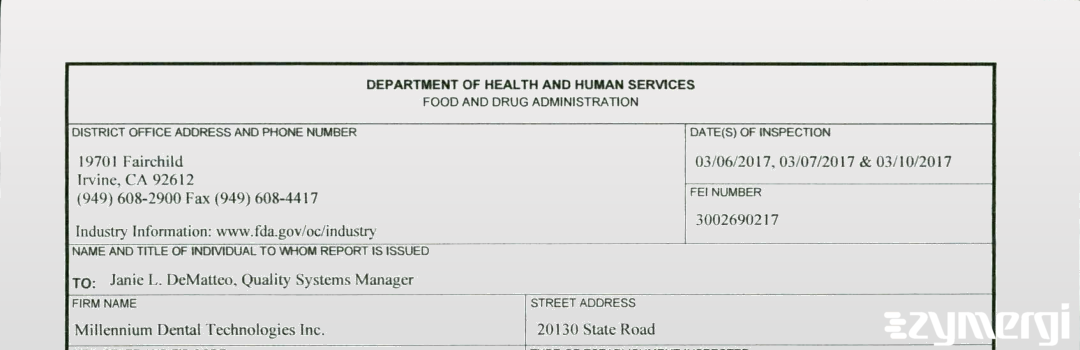FDANews 483 Millennium Dental Technologies Inc Mar 10 2017 top