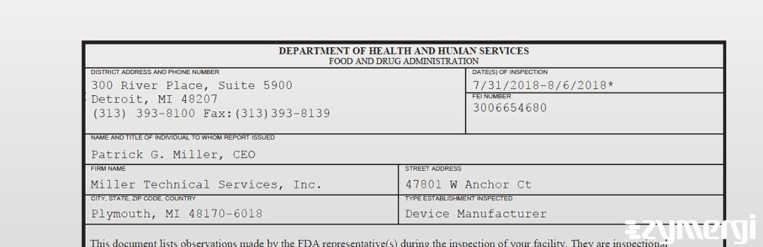 FDANews 483 Miller Technical Services, Inc. Aug 6 2018 top