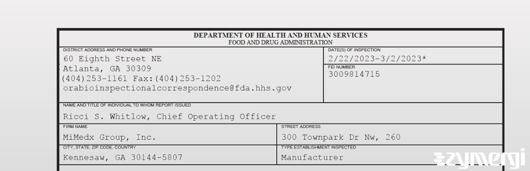 FDANews 483 MiMedx Group, Inc. Mar 2 2023 top