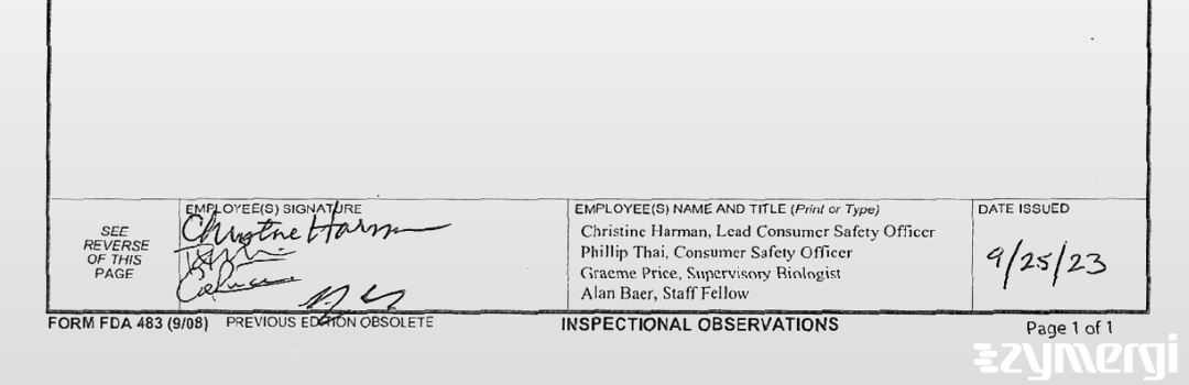 Graeme E. Price FDA Investigator Christine Harman FDA Investigator Phillip C. Thai FDA Investigator Alan G. Baer FDA Investigator