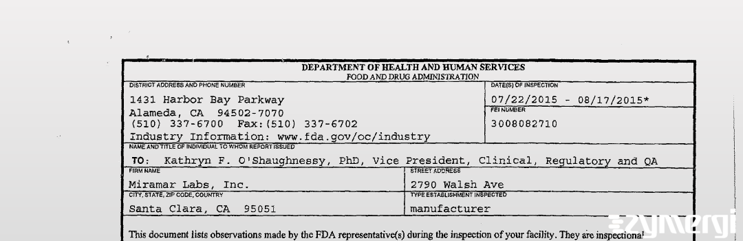 FDANews 483 Miramar Labs, Inc. Aug 17 2015 top