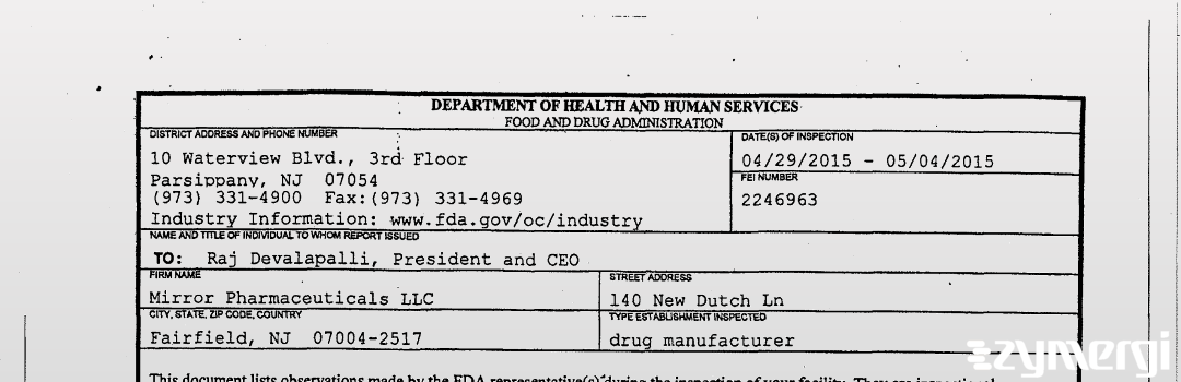 FDANews 483 Mirror Pharmaceuticals LLC May 4 2015 top