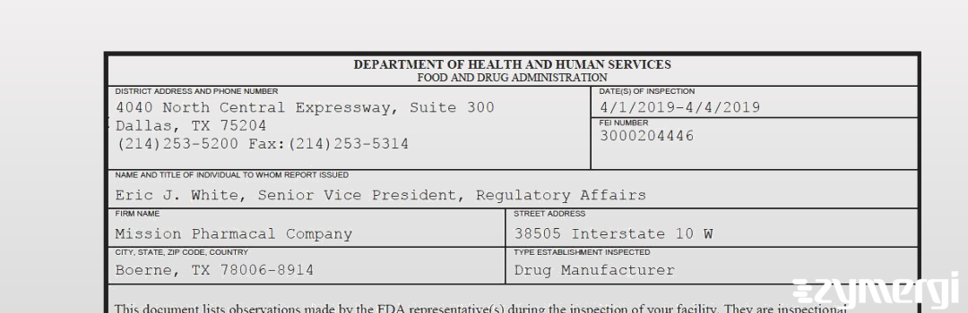 FDANews 483 Mission Pharmacal Company Apr 4 2019 top