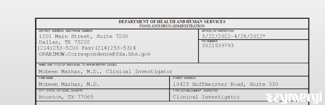 FDANews 483 Mobeen Mazhar, M.D. Apr 28 2022 top