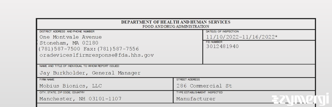 FDANews 483 Mobius Bionics, LLC Nov 16 2022 top