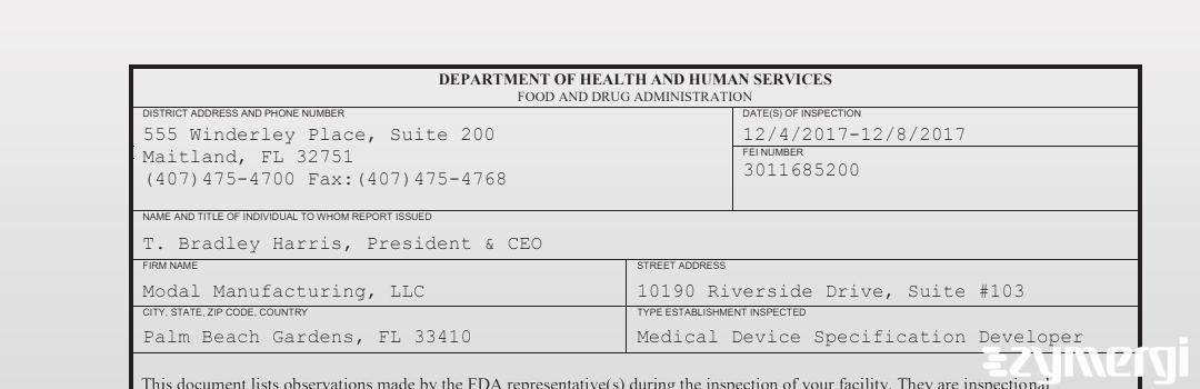 FDANews 483 Modal Manufacturing, LLC Dec 8 2017 top