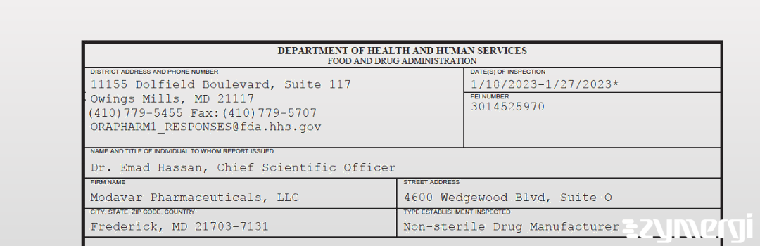 FDANews 483 Modavar Pharmaceuticals, LLC Jan 27 2023 top