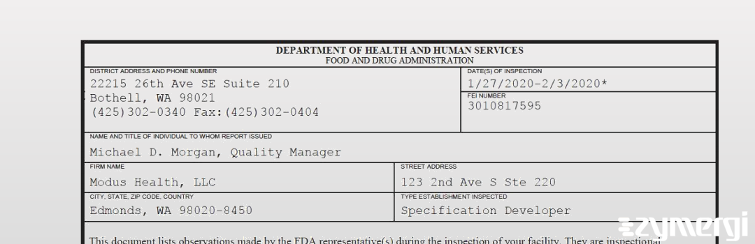 FDANews 483 Modus Health, LLC Feb 3 2020 top