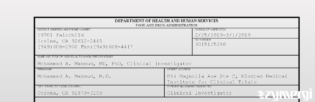 FDANews 483 Mohammad A. Mahmud, M.D. Mar 1 2019 top