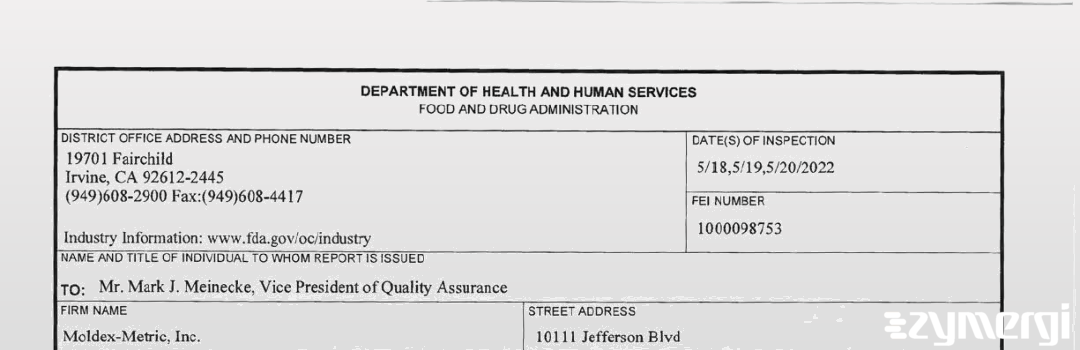 FDANews 483 Moldex/Metric, Inc. May 20 2022 top