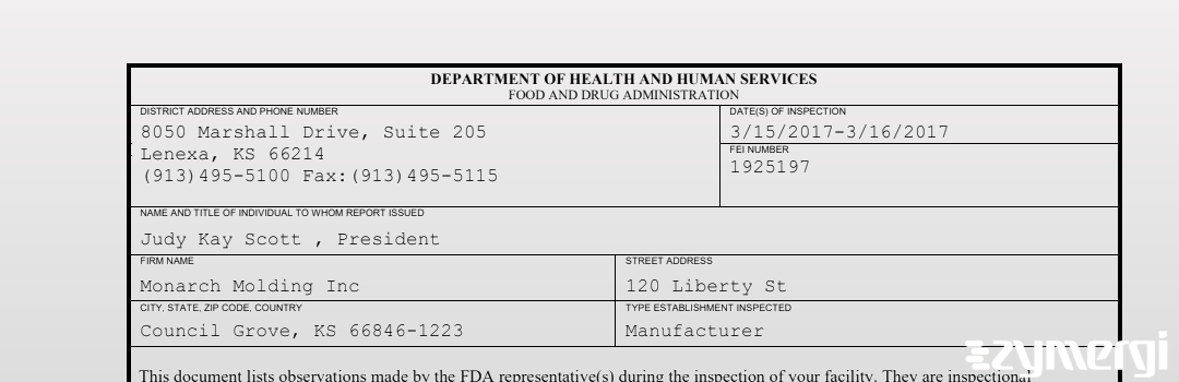 FDANews 483 Monarch Molding Inc Mar 16 2017 top