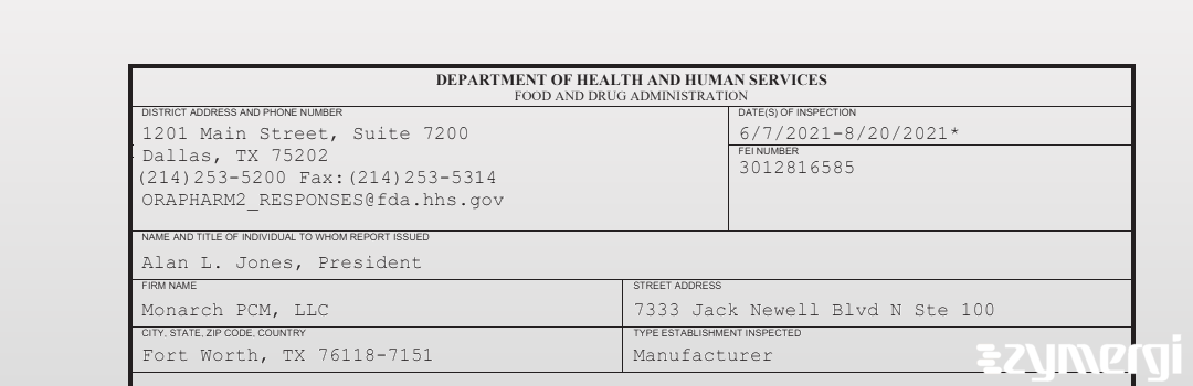 FDANews 483 Monarch PCM, LLC Aug 20 2021 top