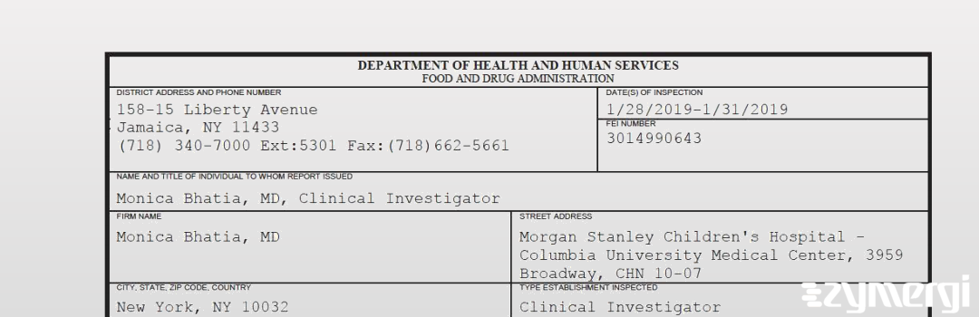 FDANews 483 Monica Bhatia, MD Jan 31 2019 top