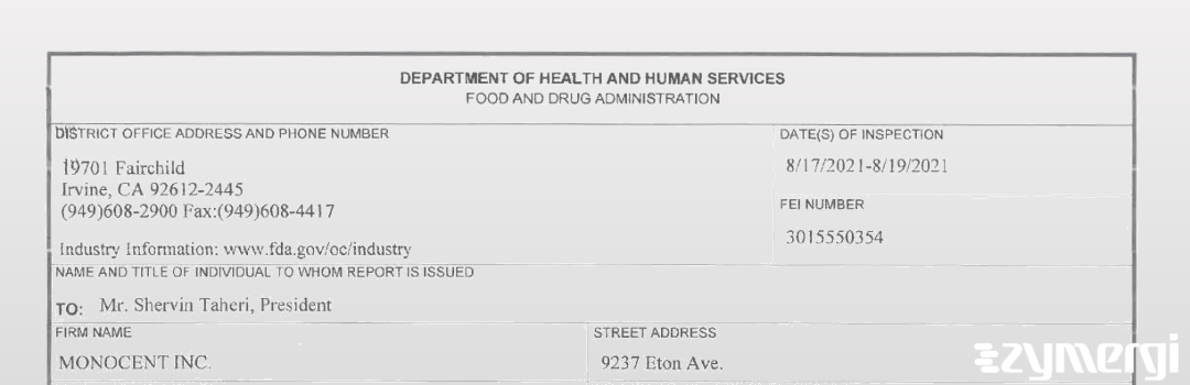 FDANews 483 MONOCENT INC. Aug 19 2021 top