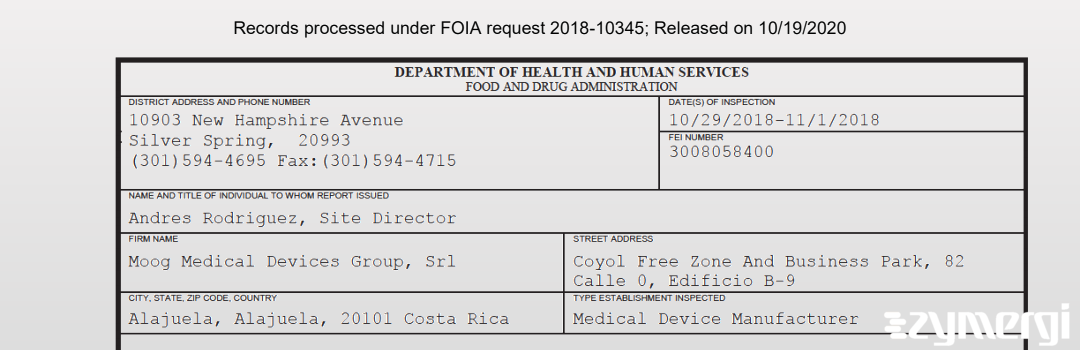 FDANews 483 Moog Medical Devices Group, Srl Nov 1 2018 top