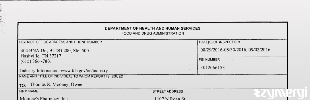 FDANews 483 Mooney's Pharmacy, Inc. Sep 2 2016 top