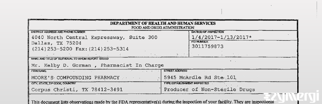 FDANews 483 MOORE'S COMPOUNDING PHARMACY Jan 13 2017 top