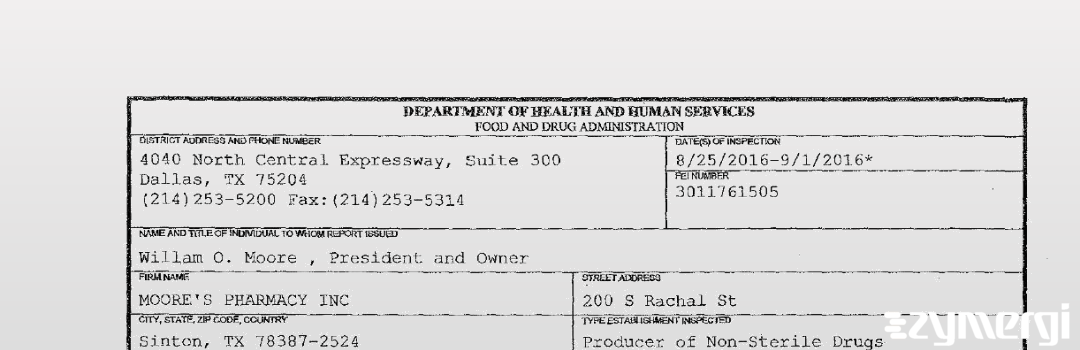 FDANews 483 MOORE'S PHARMACY INC Sep 1 2016 top