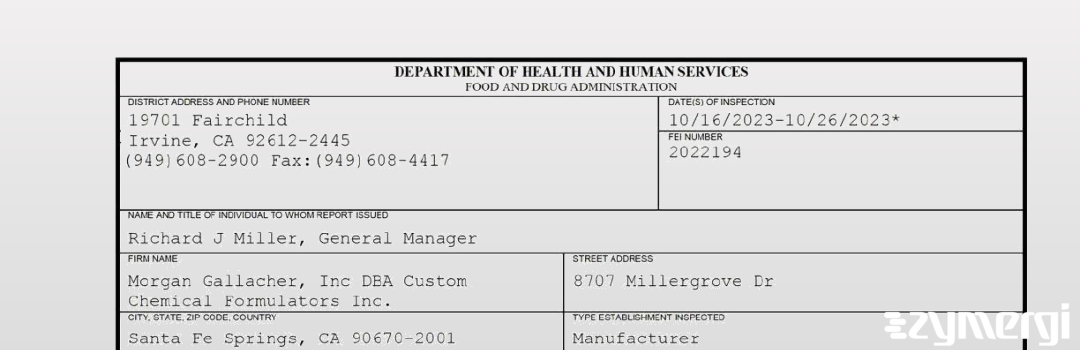 FDANews 483 Morgan Gallacher, Inc DBA Custom Chemical Formulators Inc. Oct 26 2023 top