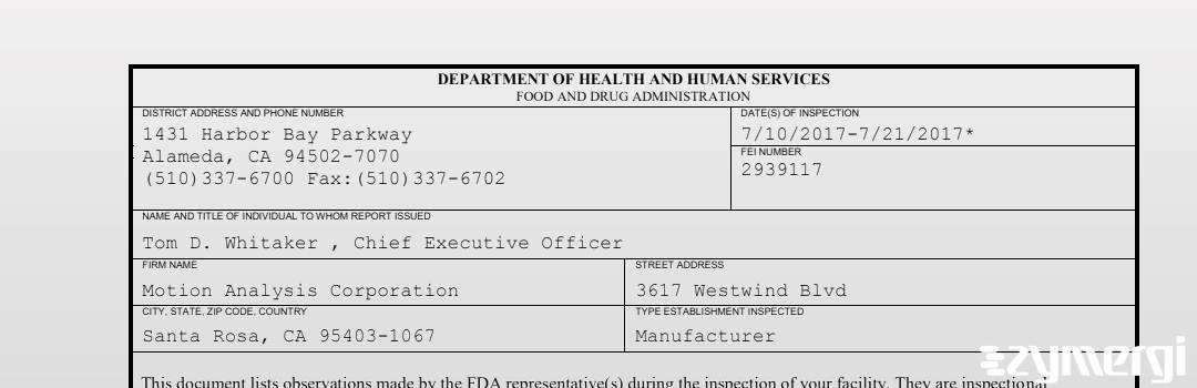 FDANews 483 Motion Analysis Corporation Jul 21 2017 top