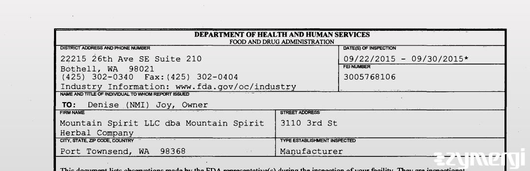 FDANews 483 Mountain Spirit LLC dba Mountain Spirit Herbal Company Sep 30 2015 top