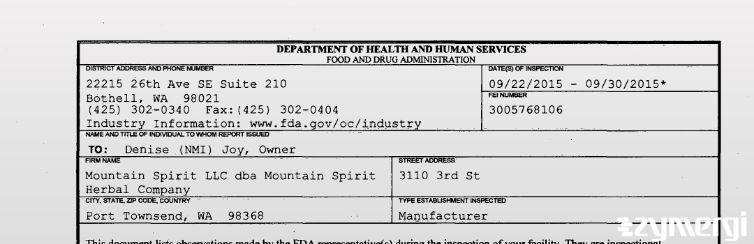 FDANews 483 Mountain Spirit LLC dba Mountain Spirit Herbal Company Sep 30 2015 top