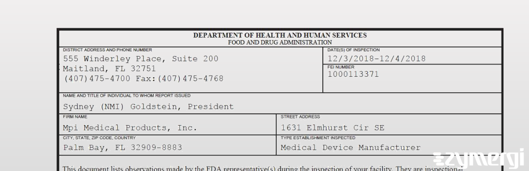 FDANews 483 Mpi Medical Products, Inc. Dec 4 2018 top