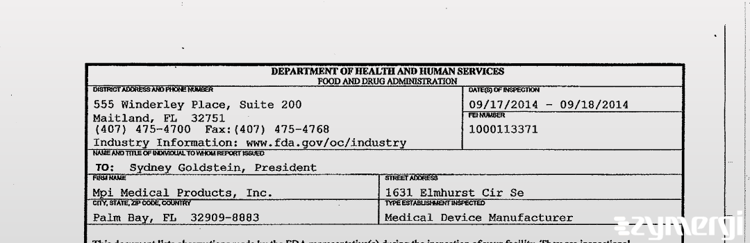 FDANews 483 Mpi Medical Products, Inc. Sep 18 2014 top
