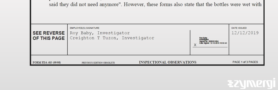 Creighton T. Tuzon FDA Investigator Roy Baby FDA Compliance Officer 