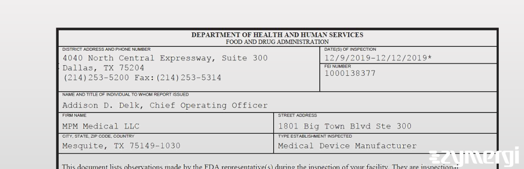 FDANews 483 MPM Medical LLC Dec 12 2019 top